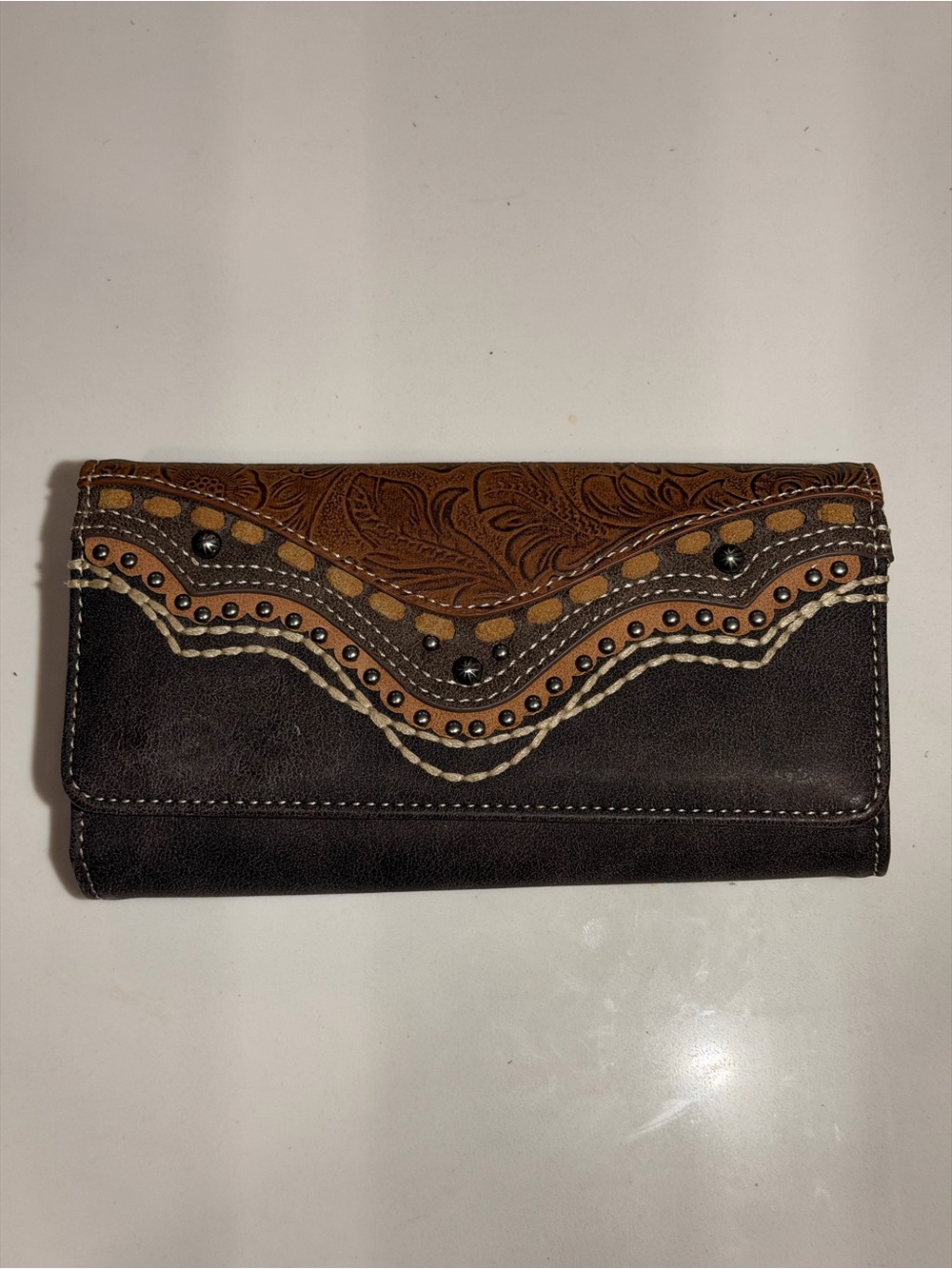 Montana West Dark Brown Western Floral Embossed Studded Trifold Wallet